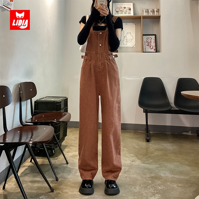 棕色秋季牛仔背带裤女2023年新款网红炸街连体裤高腰直筒阔腿裤子