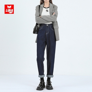 秋冬女士萝卜老爹裤 女2025新款 子 高腰显瘦哈伦裤 深蓝色宽松牛仔裤