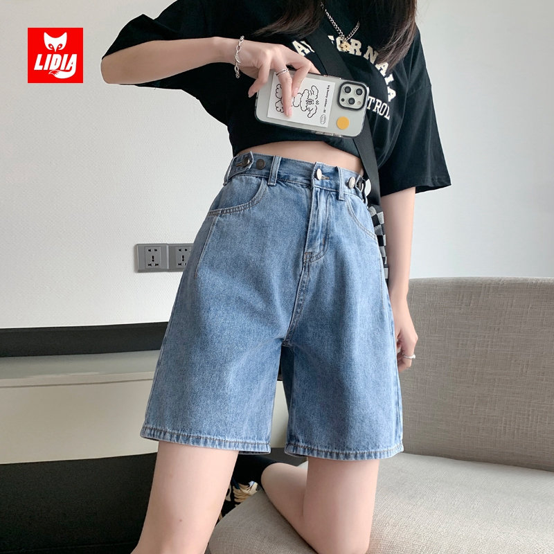 高腰可调节A字直筒牛仔五分裤