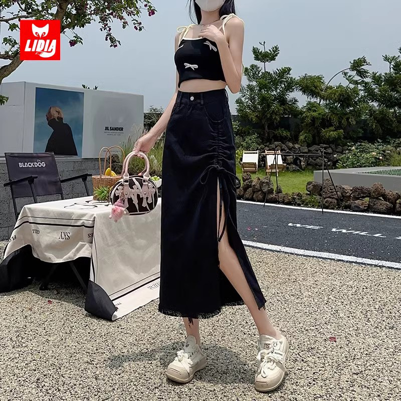黑色系带开叉牛仔半身裙女夏季新款高腰显瘦a字今年流行爆款裤裙
