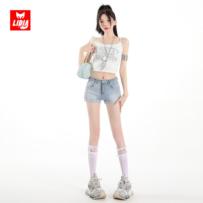美式低腰牛仔短裤女秋冬2025新款磨破设计感弹力紧身辣妹超短热裤