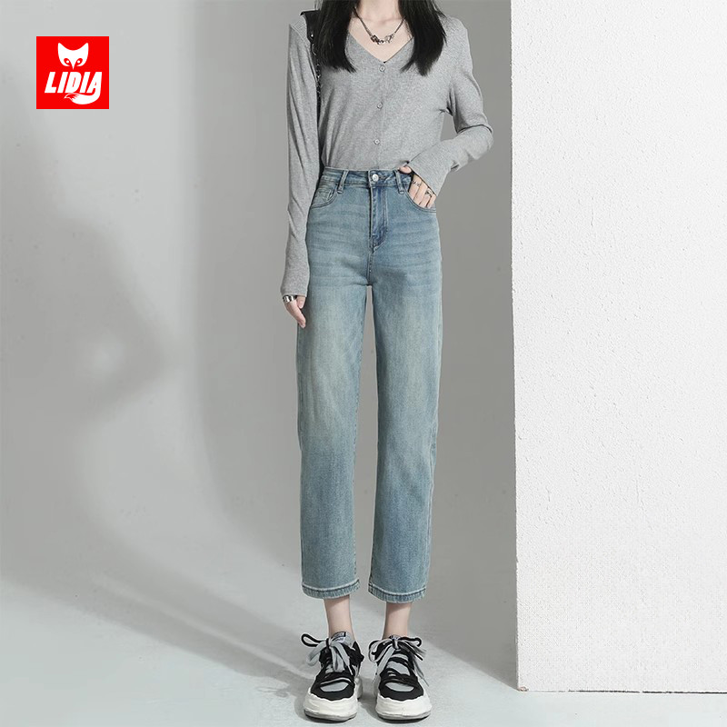 怀旧蓝烟管裤女2024新款春季