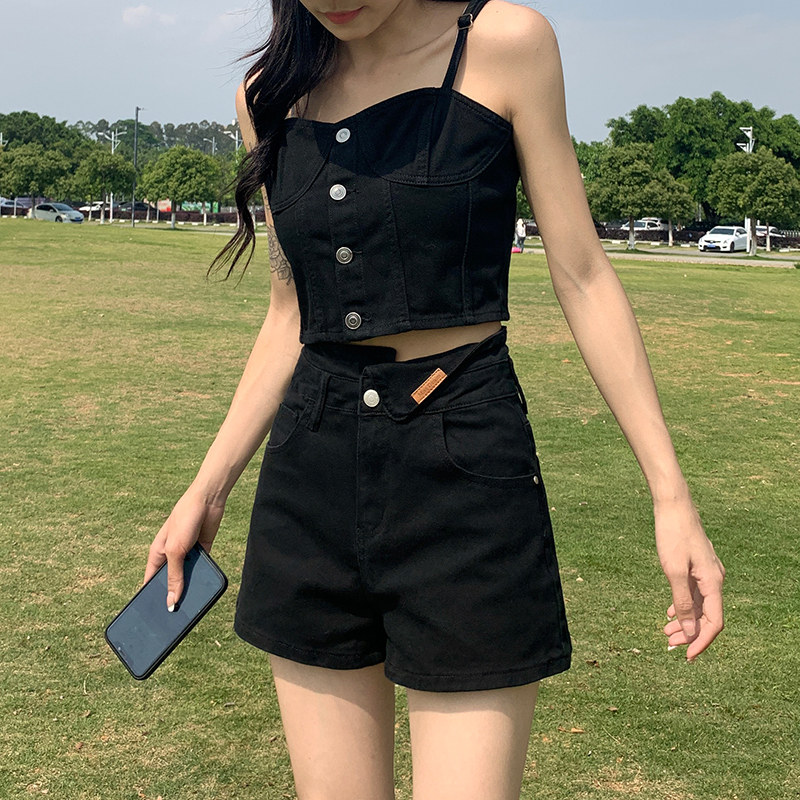 黑色牛仔抹胸吊带外穿女装2023年夏季新款设计感小众短款辣妹上衣