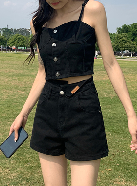 黑色牛仔抹胸吊带外穿女装2023年夏季新款设N计感小众短款辣妹上