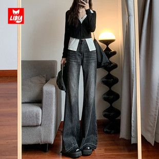 女夏季 高腰垂坠感直筒阔腿裤 新款 大脚裤 气质阔脚裤 黑色宽松牛仔裤