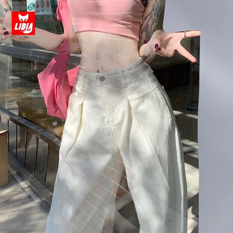 白色阔腿裤直筒牛仔裤女春夏