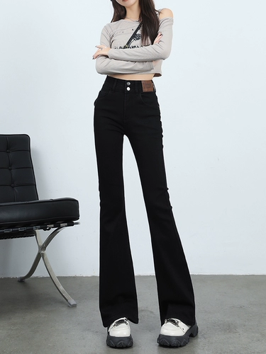 Черные джинсы, весенние штаны, приталенные длинные штаны-клёш, подходит для подростков, новая коллекция, высокая талия