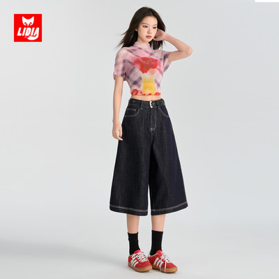 深蓝色七分牛仔短裤女夏季2025新款美式高腰直筒宽松显瘦阔腿中裤