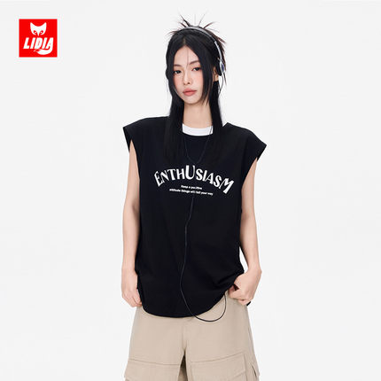 美式复古宽松圆领无袖背心t恤女2025夏季新款休闲百搭运动风上衣