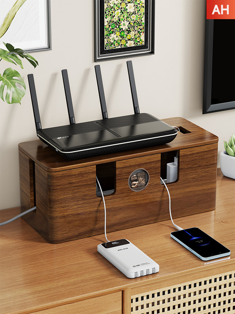 实木集线盒插座遮挡插排收纳盒电源电线理线盒桌面装饰插线板整理