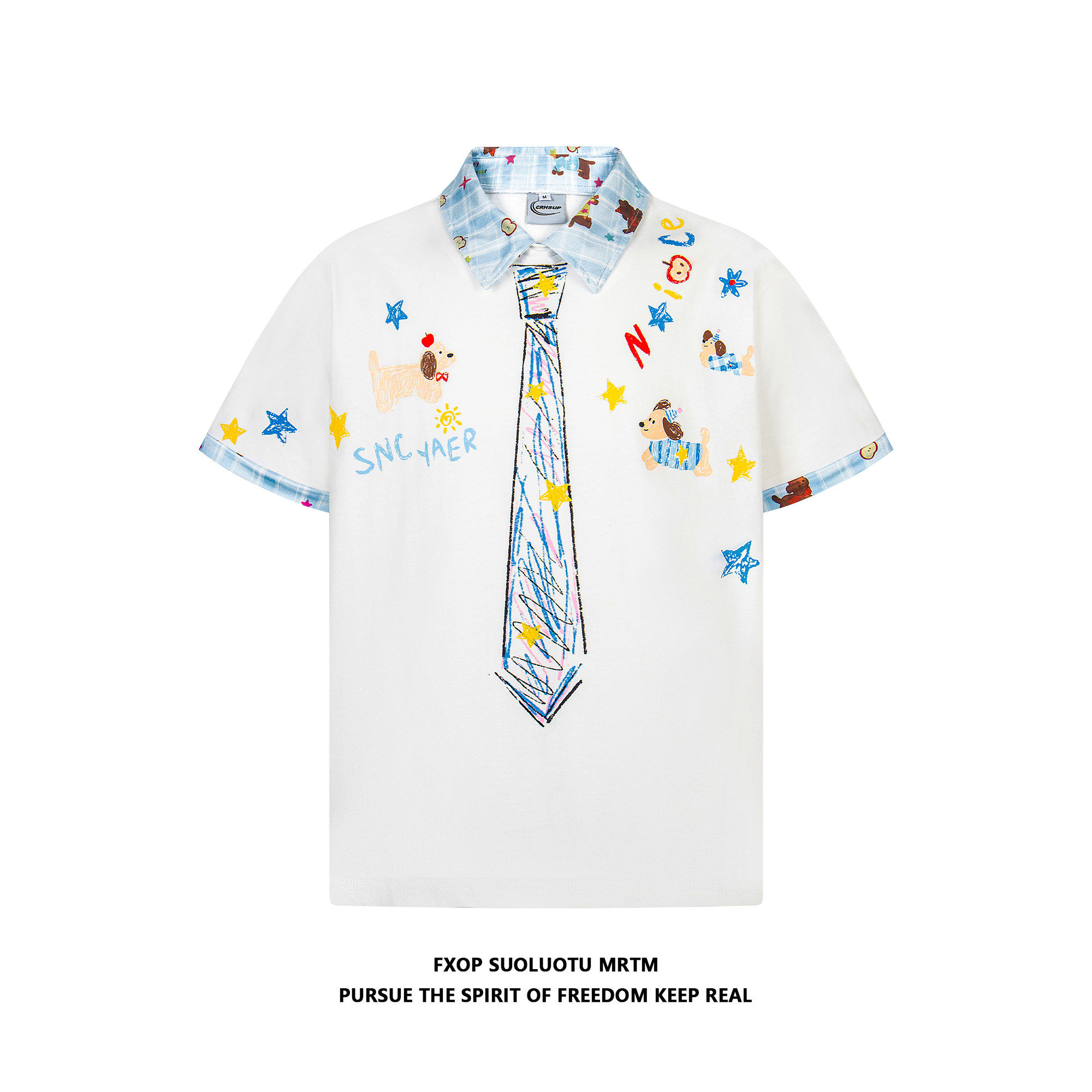 FXOP涂鸦小狗翻领拼接假两件短袖t恤女夏宽松韩版慵懒风半袖上衣