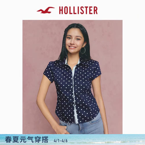 Hollister美式经典Y2K通勤修身系带短袖衬衫26春夏女装340-6066