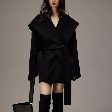 2025新款连帽式宽松短款系带双面骆驼绒大衣廓形呢子外套冬季