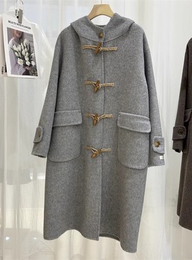 韩国2024年新款长毛牛角扣双面羊毛大衣女中长款宽松连帽呢子外套