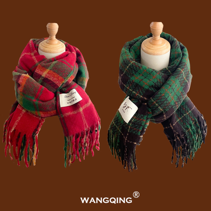 新年红色流苏格子围巾冬季女圣诞加厚保暖百搭披肩学生围脖潮情侣