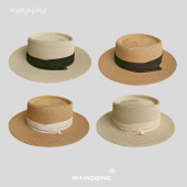 平沿帽子女夏海边平顶草帽沙滩法式 度假遮阳防晒巴拿马草编织礼帽