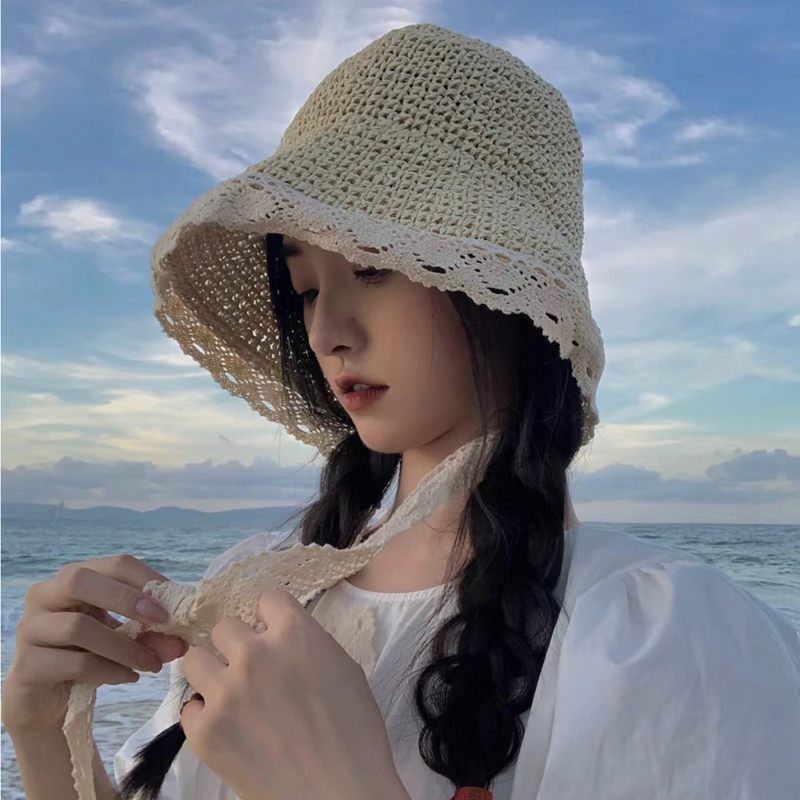 草帽女款夏季蕾丝沙滩海边太阳防晒遮阳帽子夏天遮脸防紫外线时尚