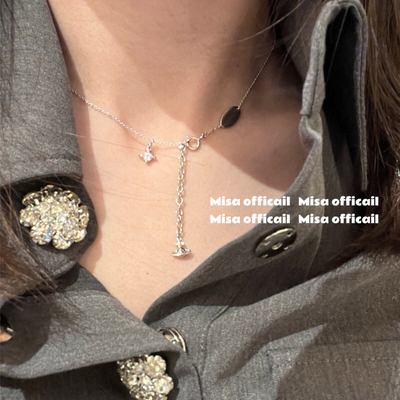 Misa officail｜mini立体单钻项链s925银叠戴简约百搭锁骨链土星