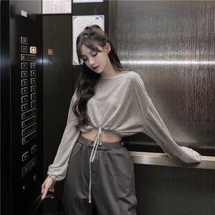 爵士跳舞露脐jazz练习室T恤女夏设计感小众宽松短款抽绳收腰上衣