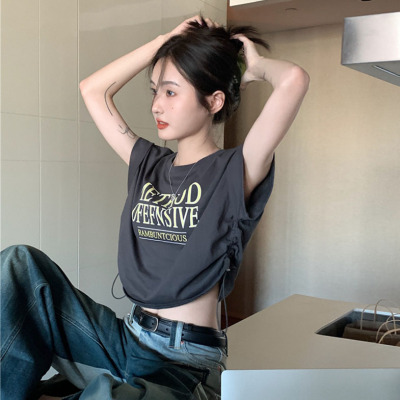 短款抽绳露脐短袖T恤女