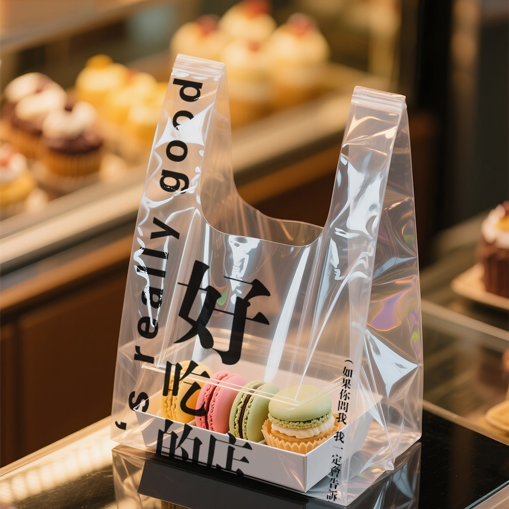 透明塑料手提袋定做印logo甜品蛋糕食品级外卖打包袋烘焙背心袋