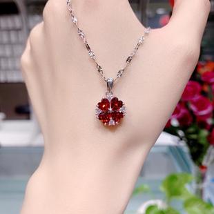 新款 纯银高级感红宝石四叶草项链女锆石精致镶钻简约锁骨链吊坠潮