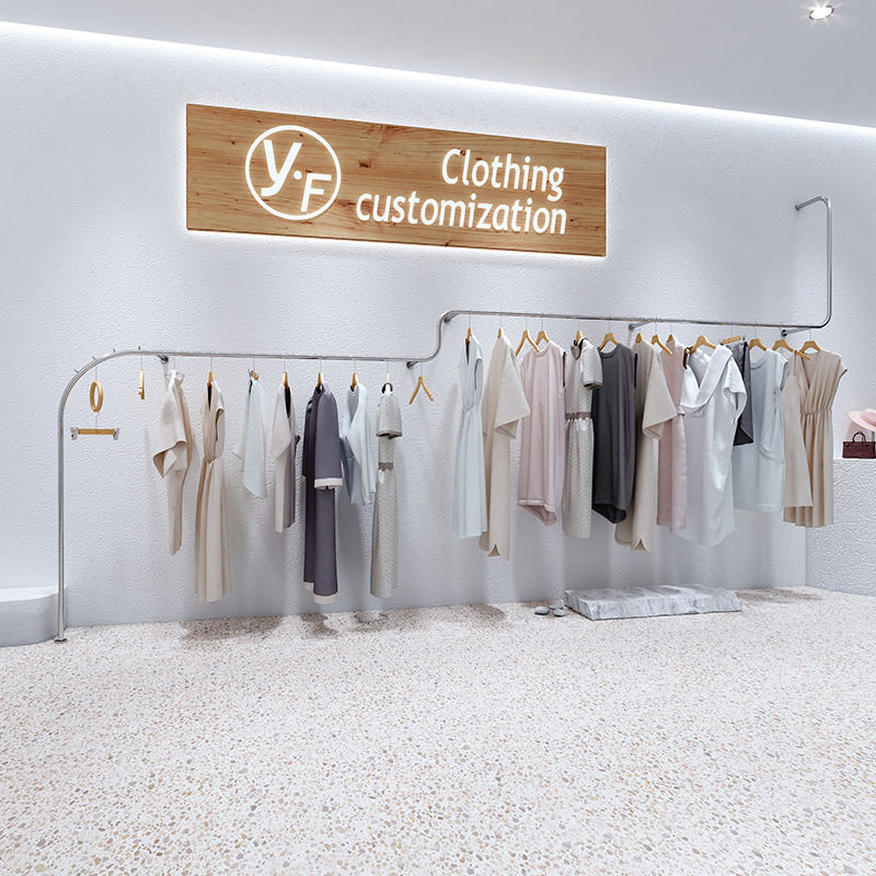 服装店挂衣杆创意新款不锈钢银色衣服架女装货架落地式上墙展示架