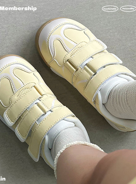 黄色拼接面包鞋女韩版校园魔术贴懒人大头板鞋运动百搭厚底休闲鞋