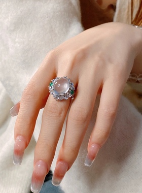 冰种水沫玉通体925银镶嵌女开口戒指 冰透玉髓翡翠色媲美国风女戒