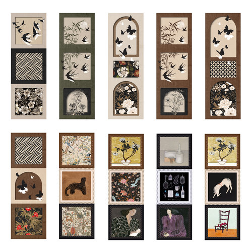 中古风美拉德色燕子花卉入户玄关组合装饰画新款美式复古自粘画芯