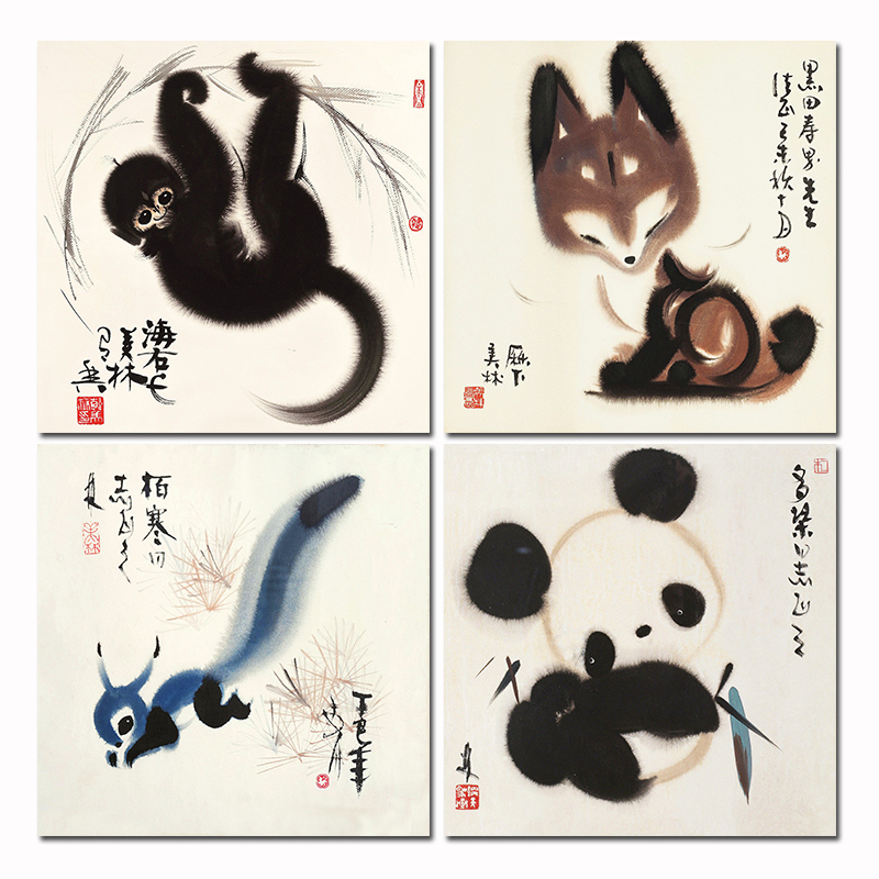 水墨装饰画芯熊猫狐狸公鸡毛驴工笔画壁画墙画新中式动物卡通画布图片