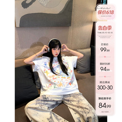 芭比姨印花上衣女慵懒风百搭t恤