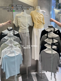 女色6037韩系蕾丝飘带条纹短袖T恤女夏季一字肩斜肩显瘦百搭上衣