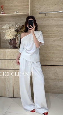 CICI CLEAN十三行极简风斜肩露肩短袖T恤女高腰抽绳百搭休闲裤子