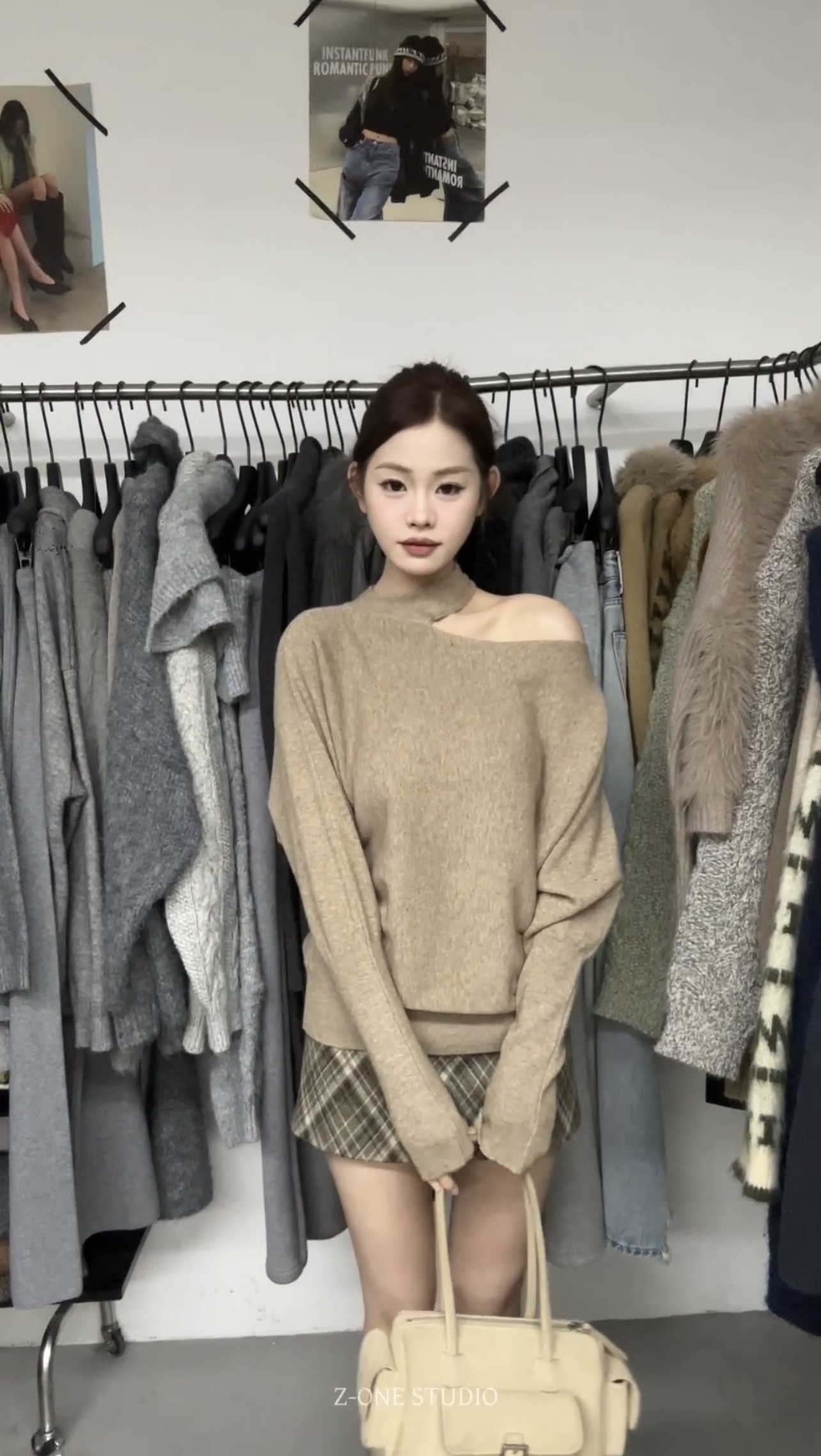 z-one十三行冬季新款慵懒风露肩宽松气质保暖毛衣女显瘦百搭上衣