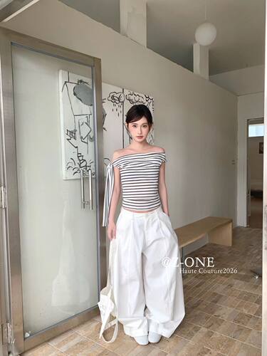 Z-ONE韩系一字肩飘带条纹显瘦短袖T恤女26夏季辣妹风性感百搭上衣