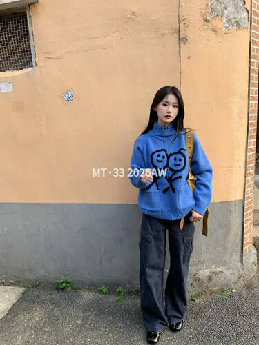 MT·33韩系可爱火柴人宽松针织开衫女秋冬高领百搭显瘦毛衣外套潮