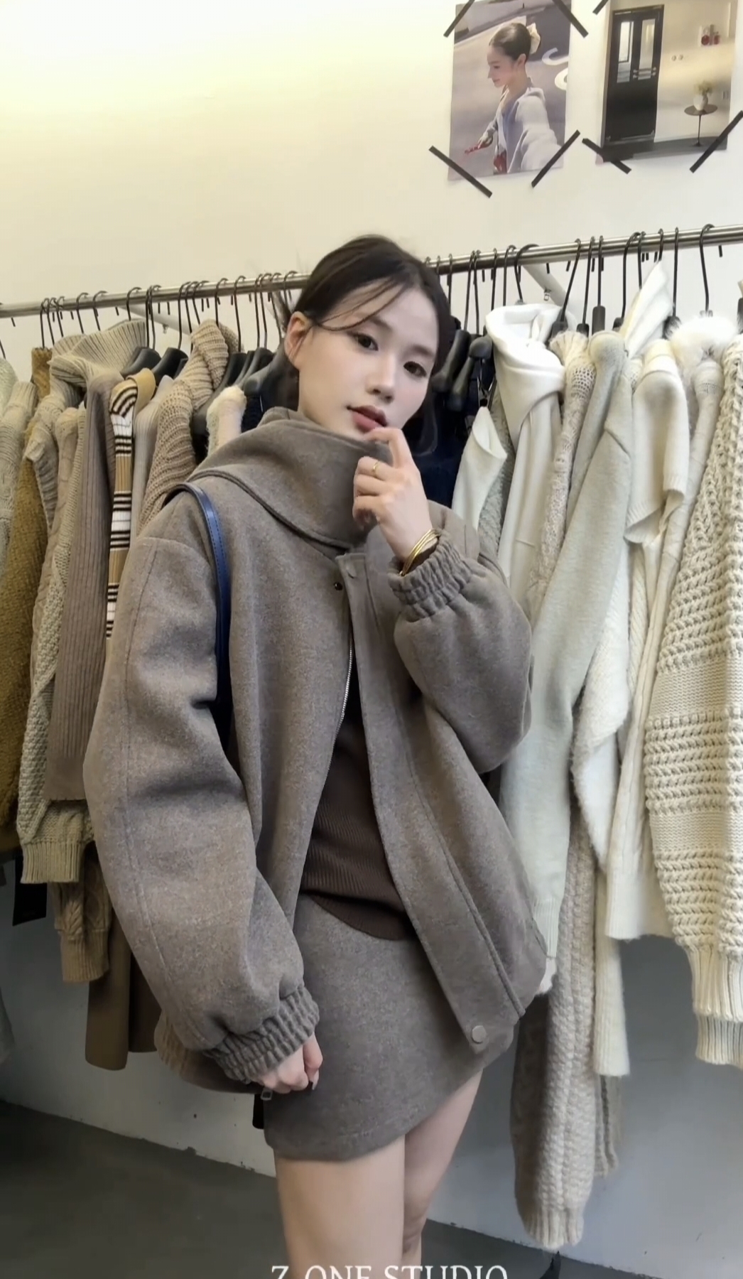 z-one十三行秋冬季新款韩版宽松休闲百搭立领外套+半身裙两件套女