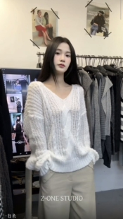 Z-ONE辣妹风早秋新款纯色V领镂空慵懒宽松麻花针织毛衣女百搭上衣