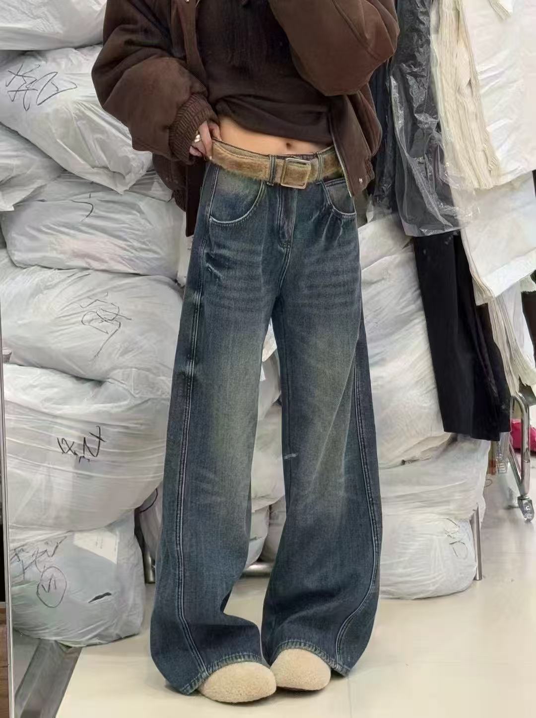 冬上新【LD STUDIO亮亮家】复古水洗加厚保暖牛仔裤女(配腰带)