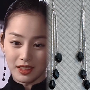 Healing girl天国的阶梯韩友莉金泰熙同款黑色水晶流苏银针耳环