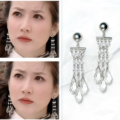 Healing girl传闻中的七公主美七崔贞媛同款锆石水晶银针流苏耳饰