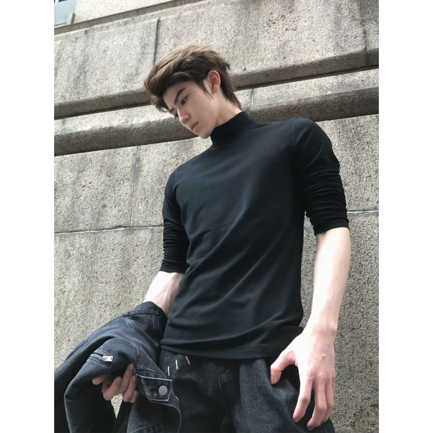 黑色半高领德绒打底衫男秋冬季cleanfit弹力修身长袖t恤保暖卫衣