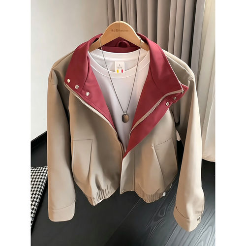 美式cleanfit撞色皮衣外套男秋季立领飞行员夹克高级感痞帅机车服