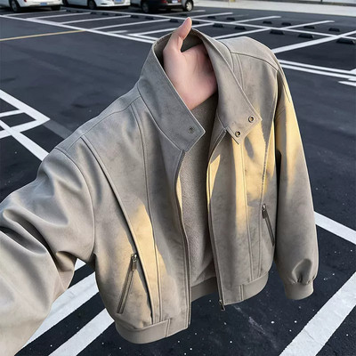 灰色美式解构飞行员夹克男款秋季加厚保暖机车服拼接立领工装外套