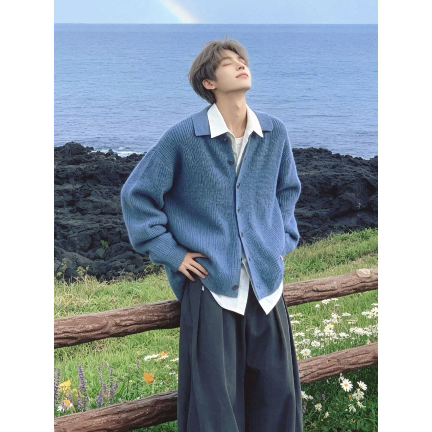 miu系松弛感粗纹翻领针织衫男秋冬季厚实通勤开衫毛衣高智感外套