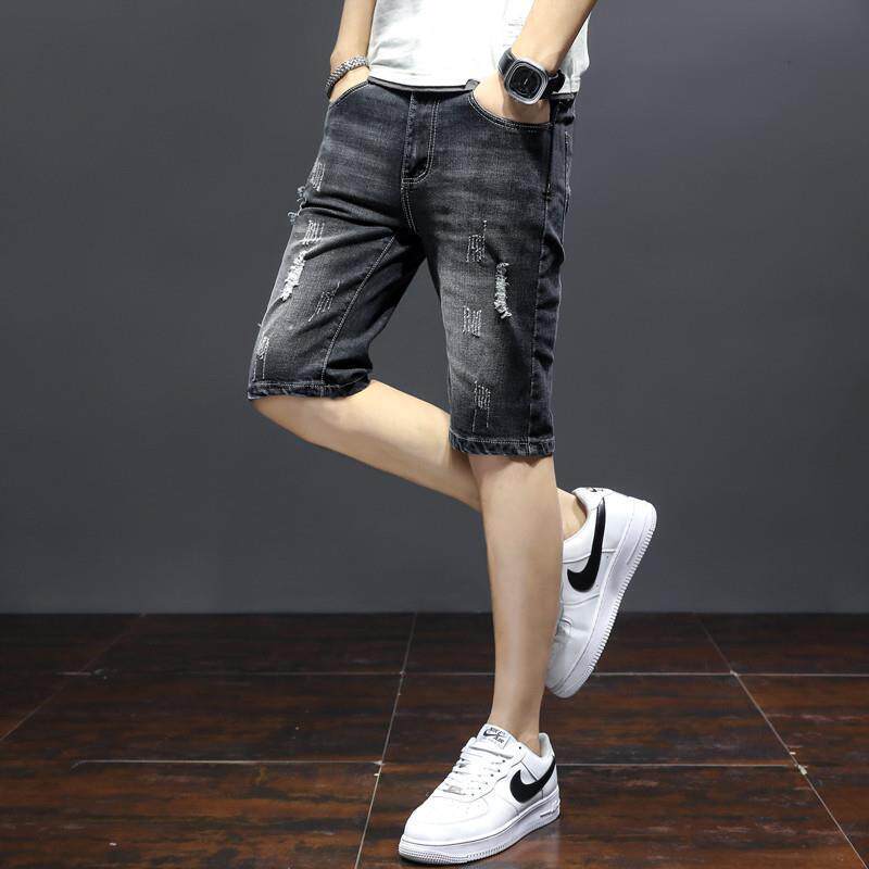 夏季新款休闲时尚弹力牛仔短裤男破洞修身直筒五分中裤5分马裤