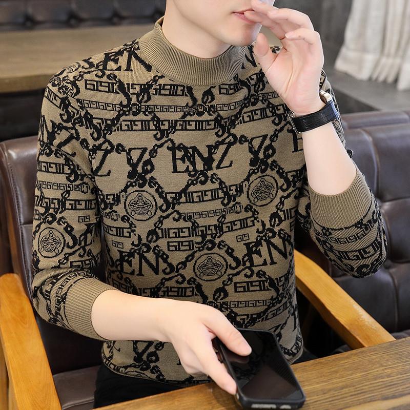 半高领毛衣男士秋冬加厚款打底针织衫欧洲站字母满印花痞帅线衣服