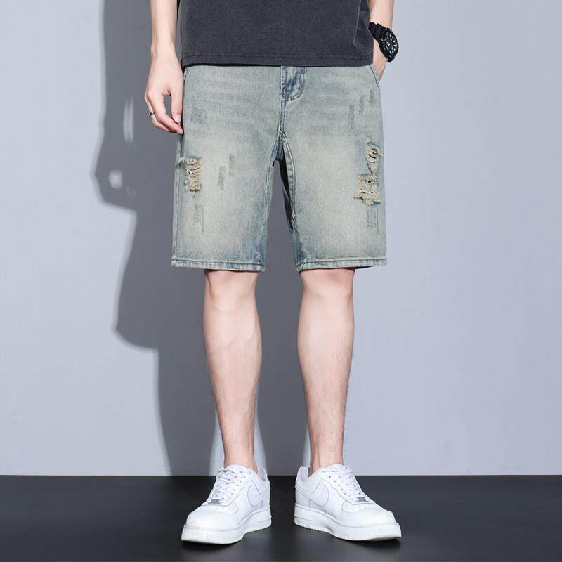 新款夏季浅色休闲破洞牛仔短裤男潮牌宽松大码胖子复古痞帅五分裤