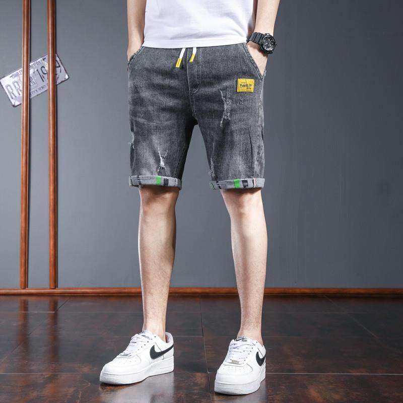 时尚潮流牛仔短裤男夏季新款破洞弹力松紧腰宽松五分大码马裤韩版